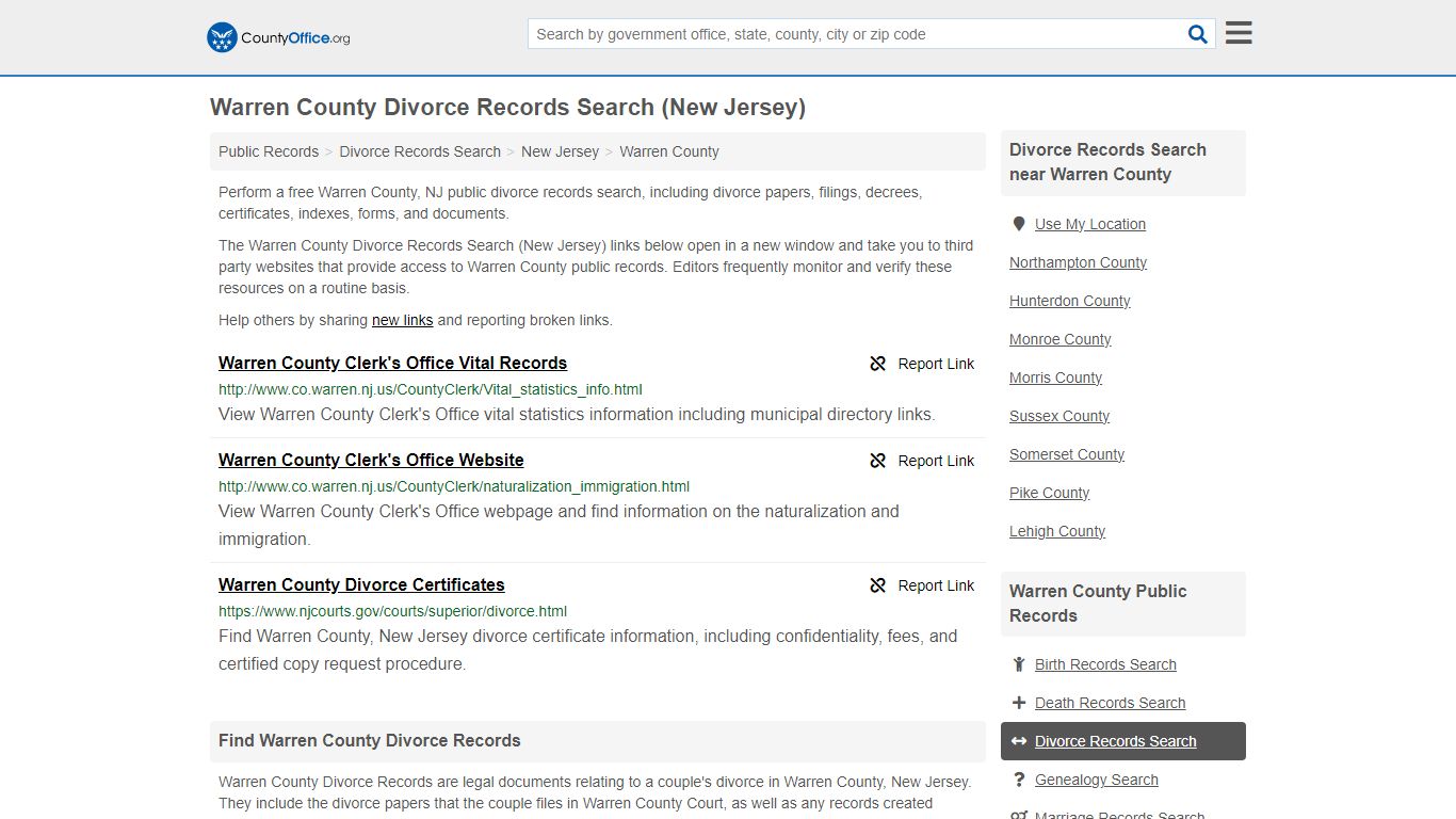 Divorce Records Search - Warren County, NJ (Divorce Certificates & Decrees)