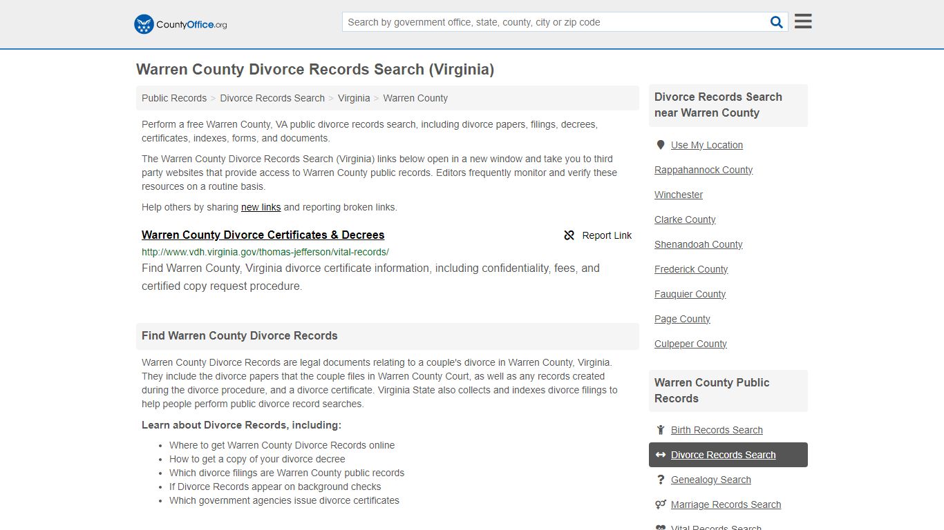 Divorce Records Search - Warren County, VA (Divorce Certificates & Decrees)