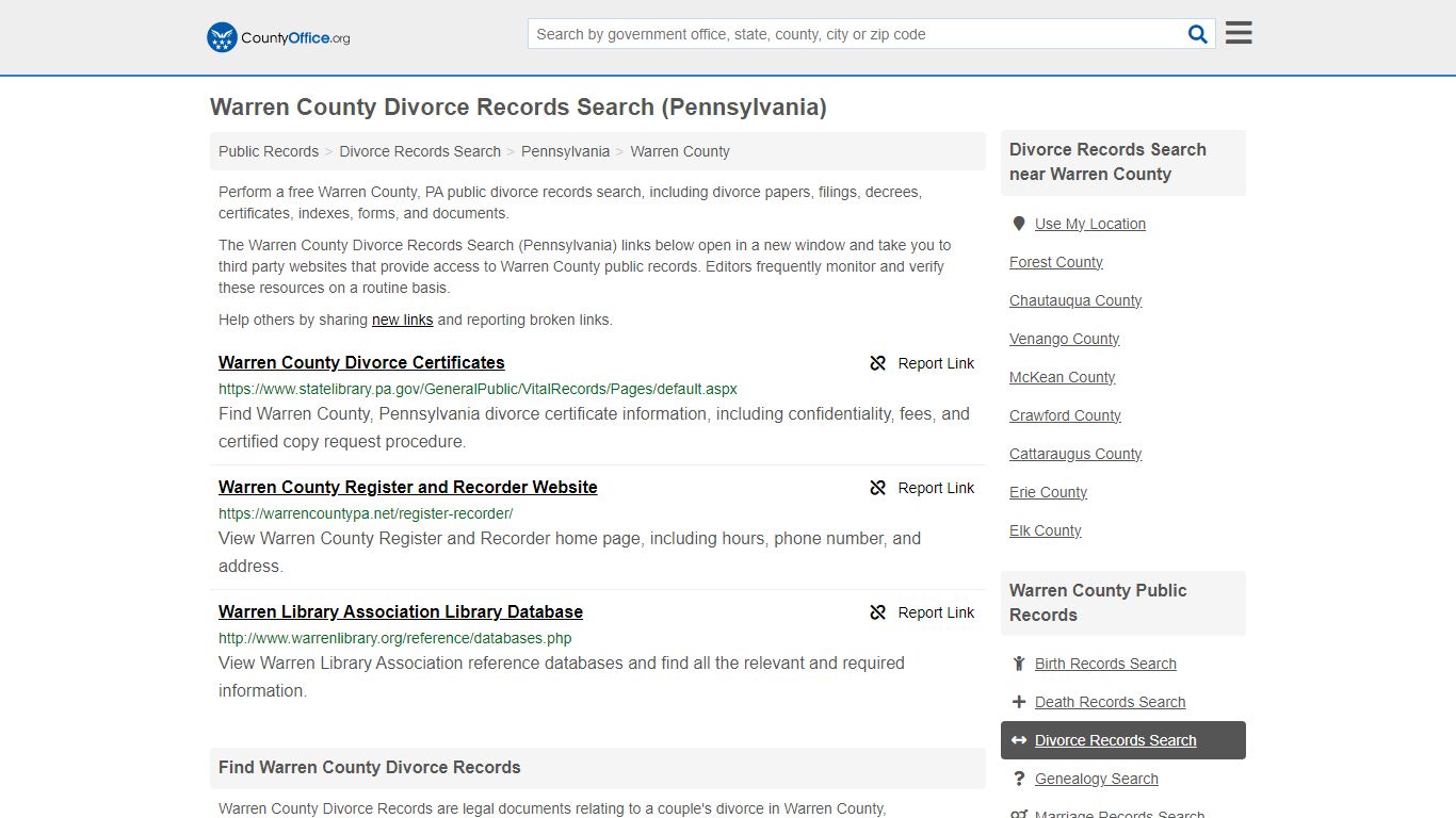 Warren County Divorce Records Search (Pennsylvania) - County Office