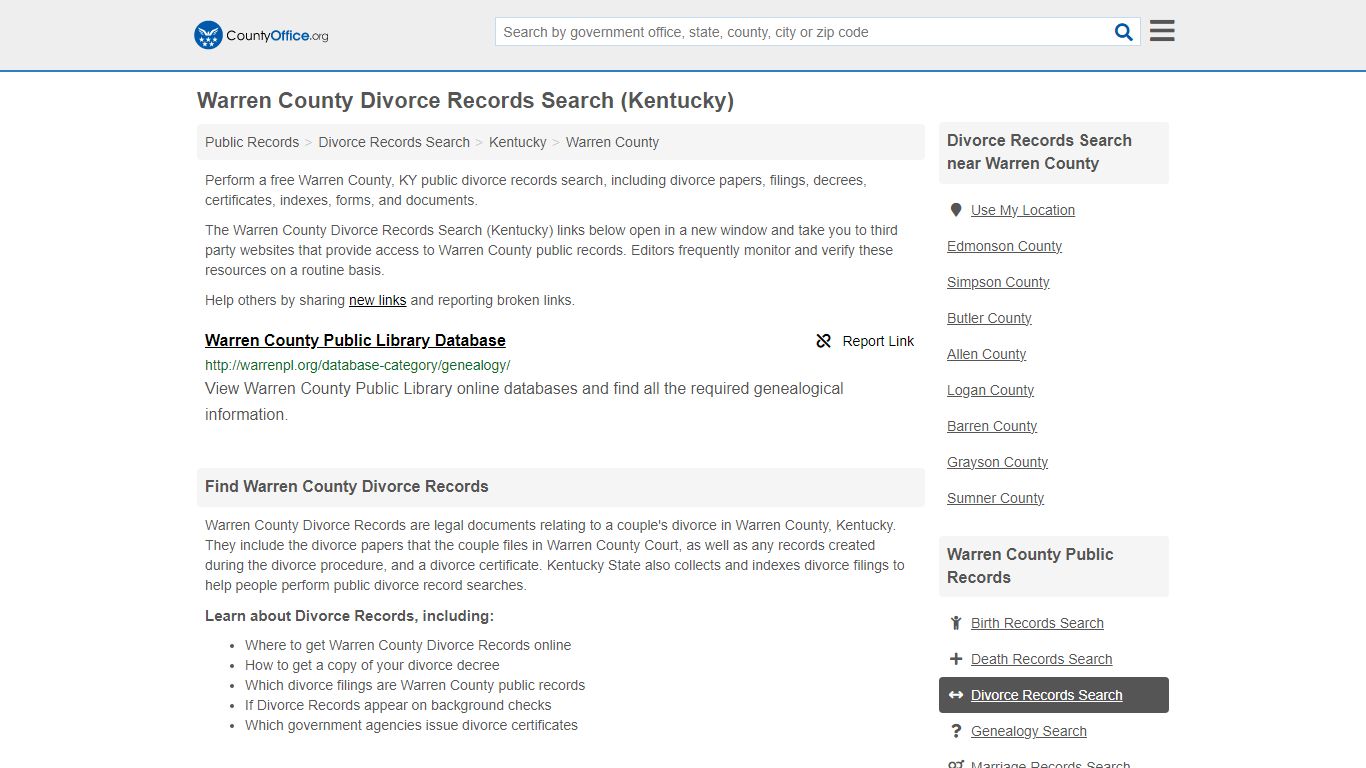 Warren County Divorce Records Search (Kentucky) - County Office